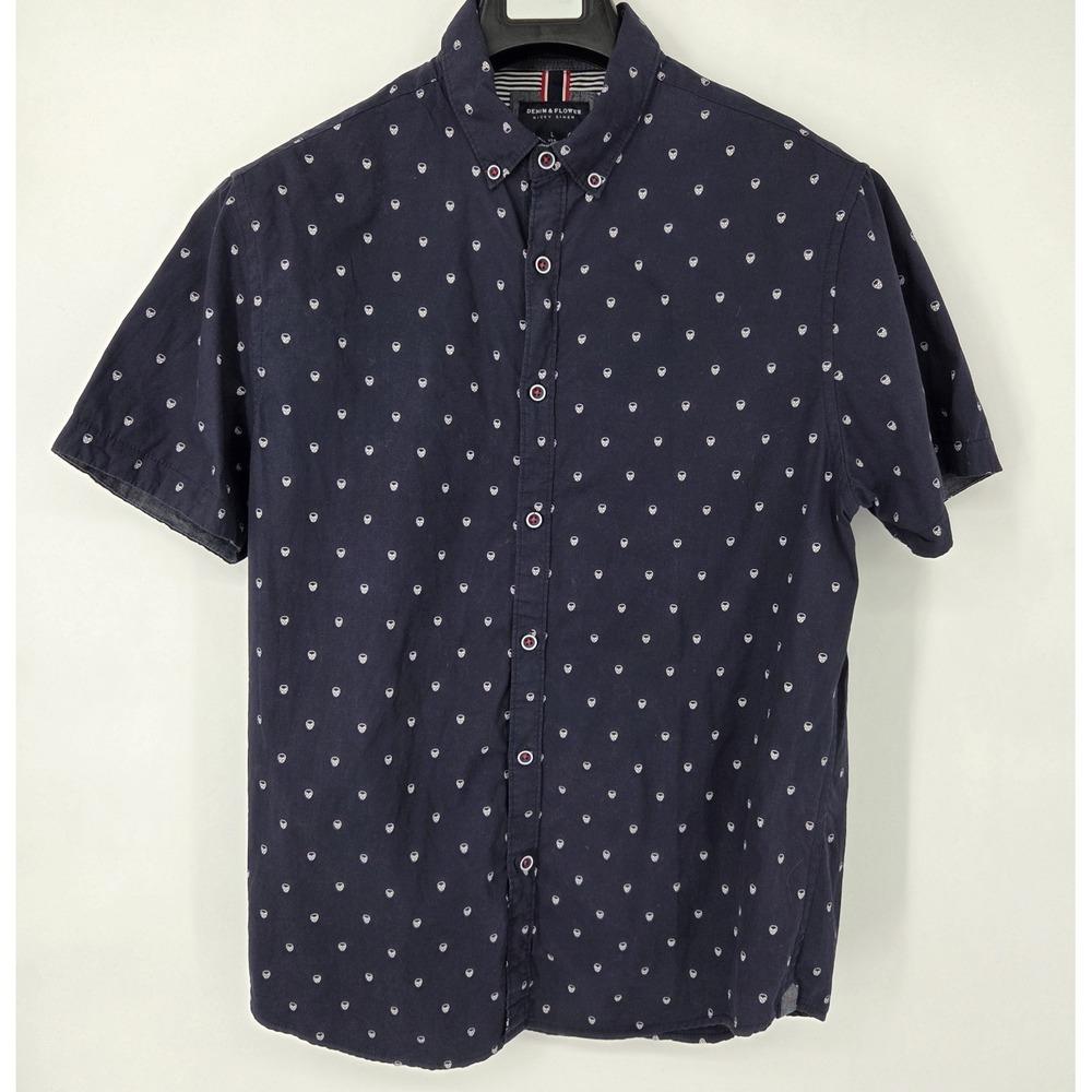 Denim & Flower Ricky Singh Shirt Mens Large Navy Blue Short Sleeve Skull AOP